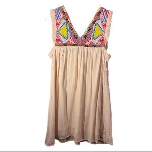 O’Neill Embroidered Tank Dress V-Neck Knee Length Lined Bohemian Festival Sz XS